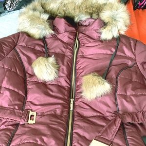 Merlot Women's Down Long Belted Puffer Coat Fur